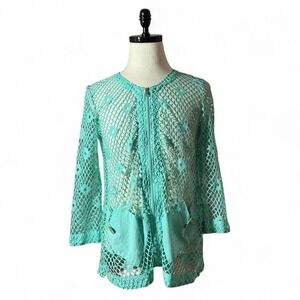 Womens Mint Green Crochet Zipper Front Long Sleeve Cover Up Tunic Top